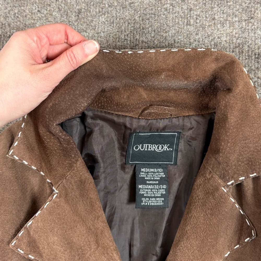 Outbrook Brown Suede Leather Belted Jacket Women’s Medium Contrast Stitching Y2K - Picture 6 of 15
